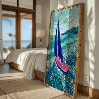 Green water Sailboat Art Print with blue sky for bathroom wall art
