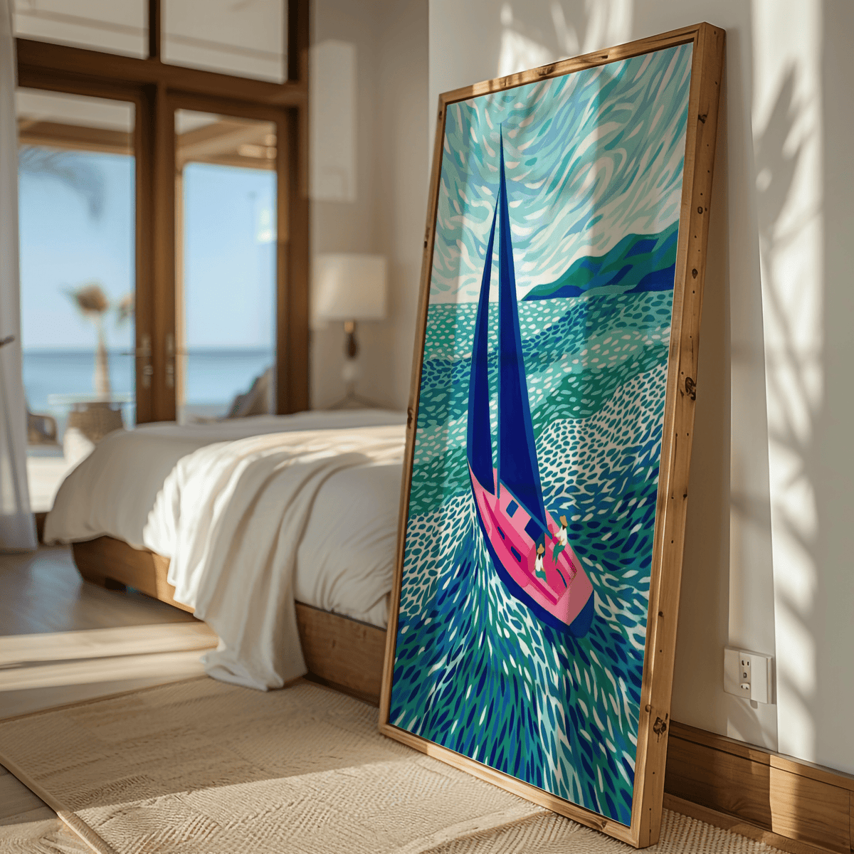 Green water Sailboat Art Print with blue sky for bathroom wall art