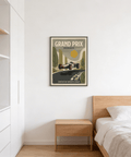 Retro poster style racing illustration of curving track and low open-wheel car