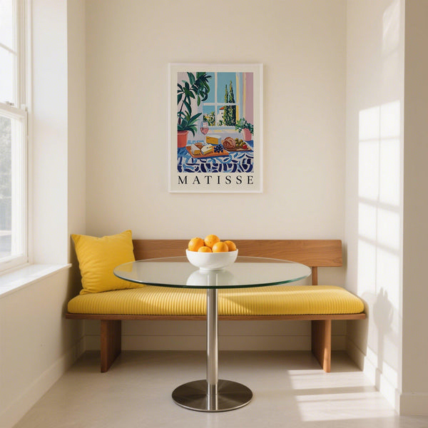 Cheese board and rosé wine scene in this French prints still life painting.