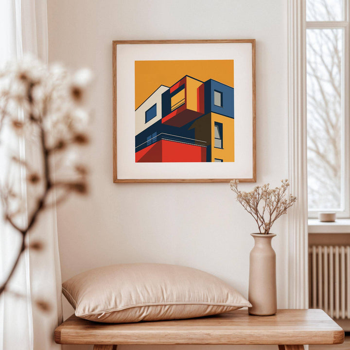 Posters for Office Space minimalist modern building facade print in muted colours in a light room with vase