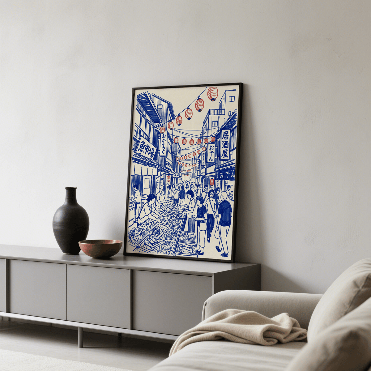 Japanese Street Market Art art print in Blue, Red, White for hallway display
