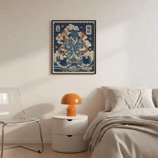 Kimono-clad yokai cat poster above swirling blue waves and orange torchlight