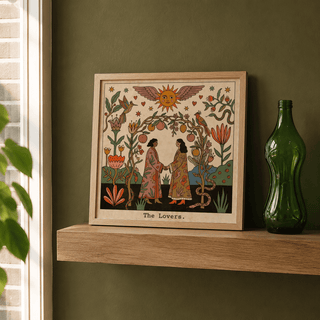 Illustrated tarot print with handholding couple, fruit garland arch, and floral border