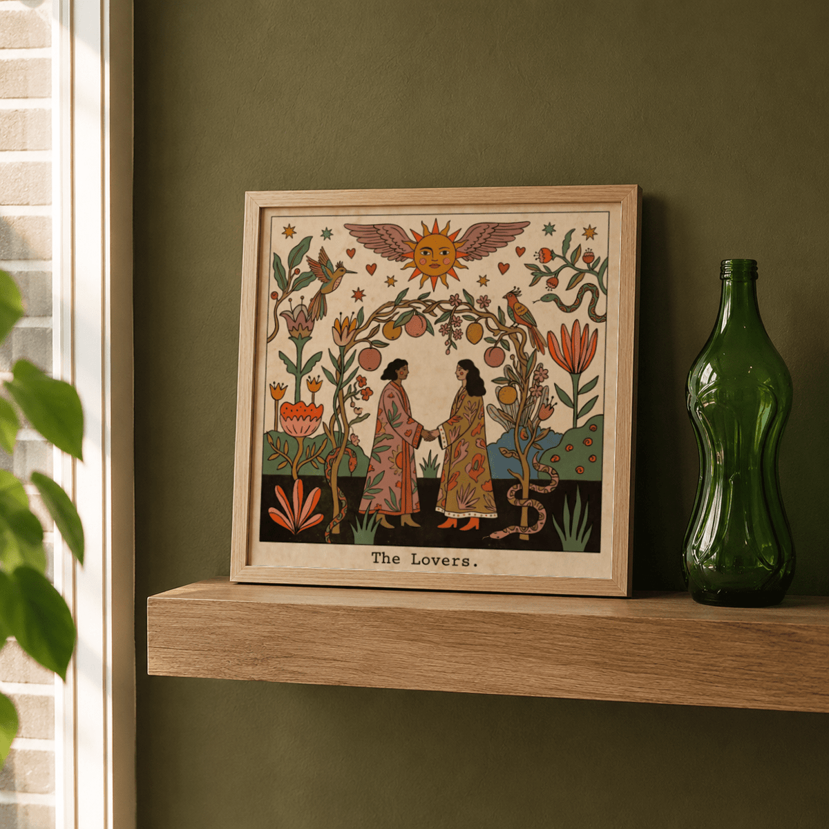 Illustrated tarot print with handholding couple, fruit garland arch, and floral border