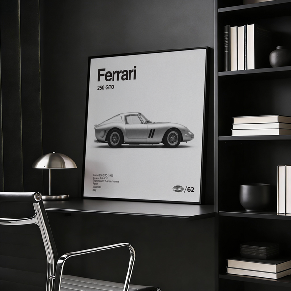Ferrari Wall Art poster showing 250 GTO for office in black and white