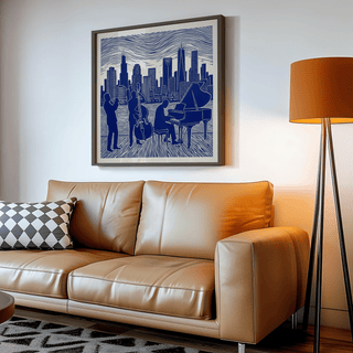 Silhouette Musician Poster Art in blue and white for bedroom wall art