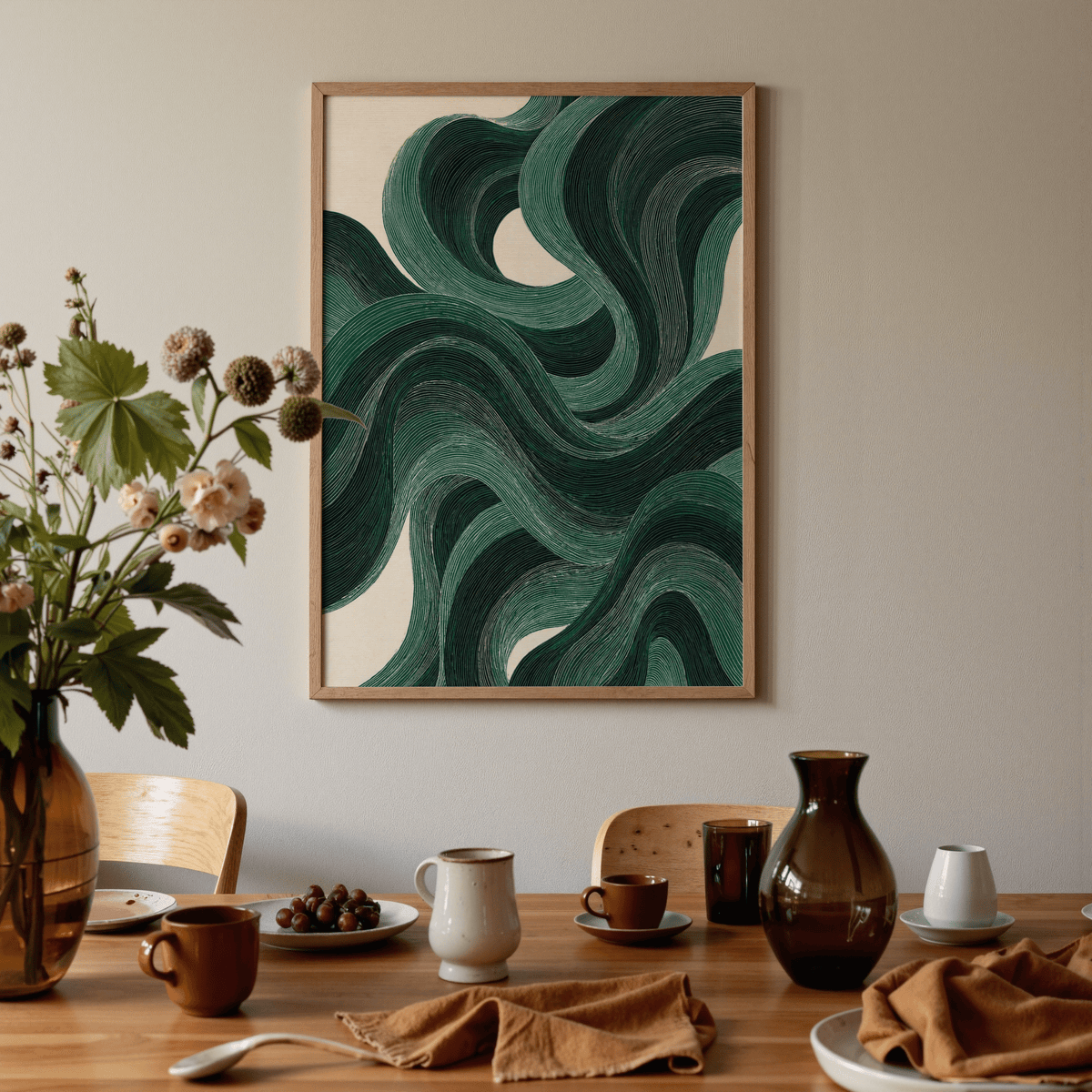 Beige and green Modern Swirl Poster as wall art for entryway