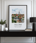 Cityscape wall art print with Tallinn buildings, towers, and open white margin