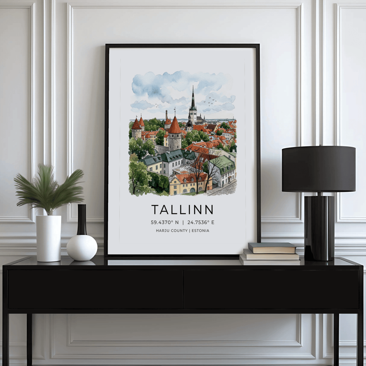 Cityscape wall art print with Tallinn buildings, towers, and open white margin