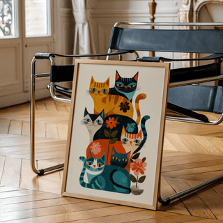 Multicolored Colorful Cat Wall Art featuring playful cats, ideal for living room wall art
