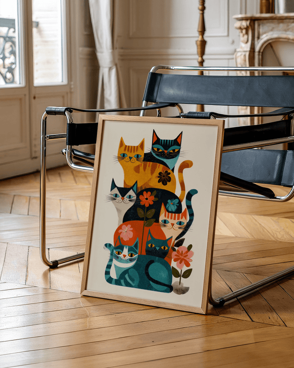 Multicolored Colorful Cat Wall Art featuring playful cats, ideal for living room wall art