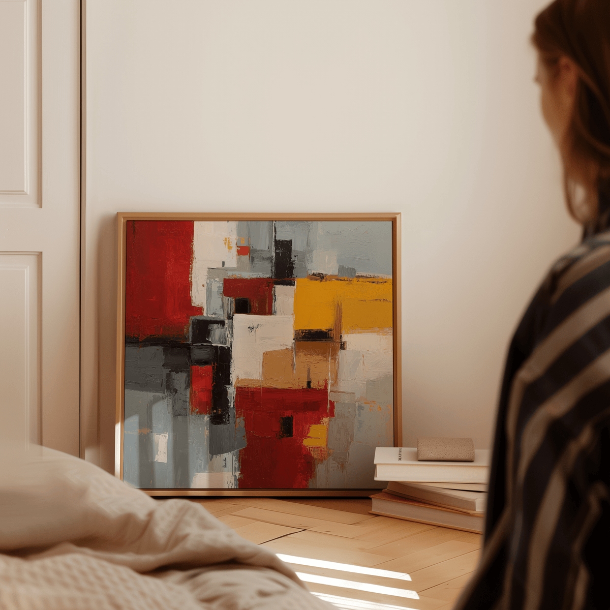 Contemporary Colorful Abstract Poster Art with gray, red, and yellow for hallway decor