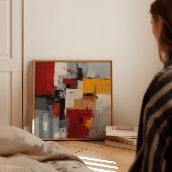 Contemporary Colorful Abstract Poster Art with gray, red, and yellow for hallway decor