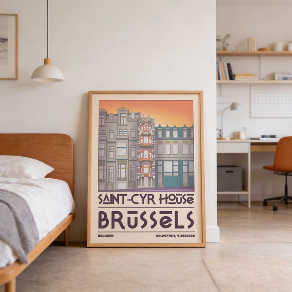 Depicting Brussels architecture wall art print with Saint-Cyr House frontage, stacked windows, and central ornamental bay