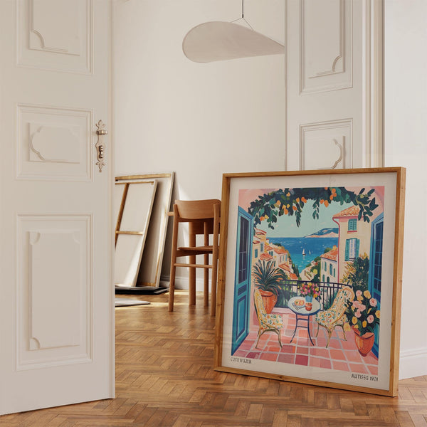 French coastal wall art with citrus trees and seaside views