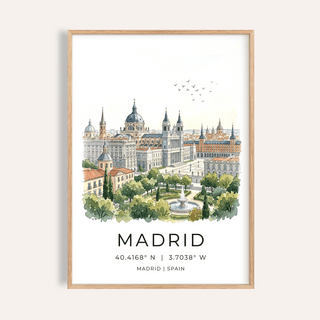 Illustrated Madrid Cityscape Art Print poster with skyline, garden fountain, and MADRID coordinates text