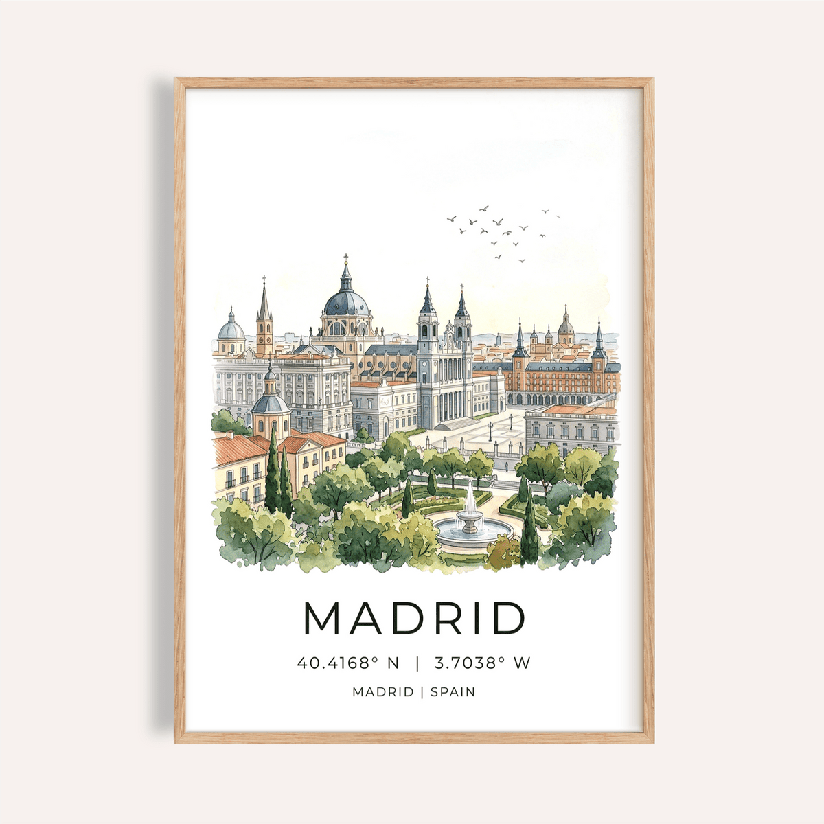 Illustrated Madrid Cityscape Art Print poster with skyline, garden fountain, and MADRID coordinates text