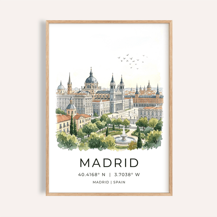 Illustrated Madrid Cityscape Art Print poster with skyline, garden fountain, and MADRID coordinates text