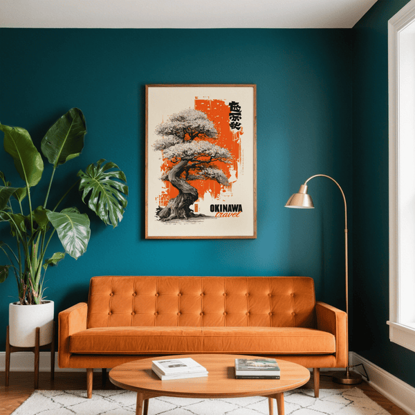 Stylish Cherry Blossom Tree Poster using Orange, Black, and White in office decor