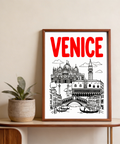 Architectural Venice cityscape wall art with bridge over canal and gondolas