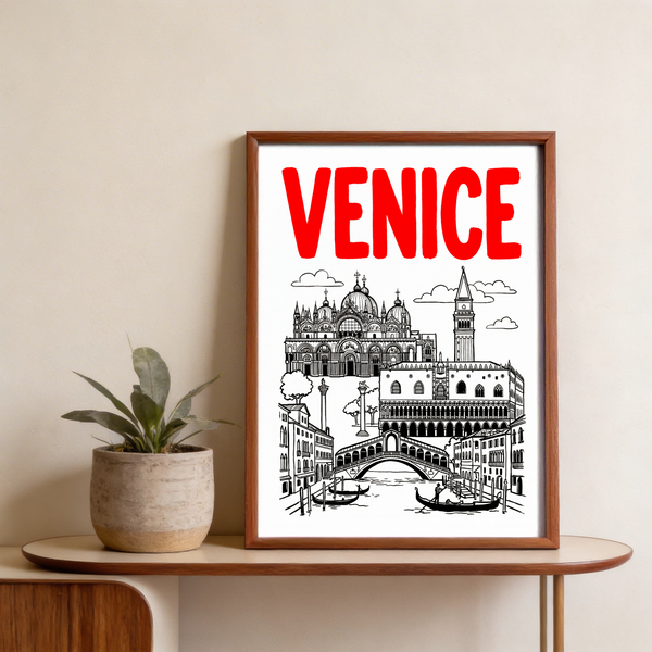 Architectural Venice cityscape wall art with bridge over canal and gondolas
