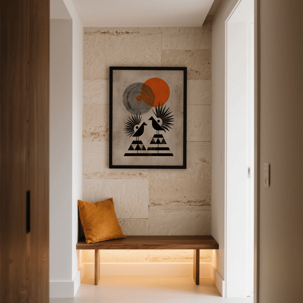 Geometric bird artwork with contrasting black forms and orange sun shape