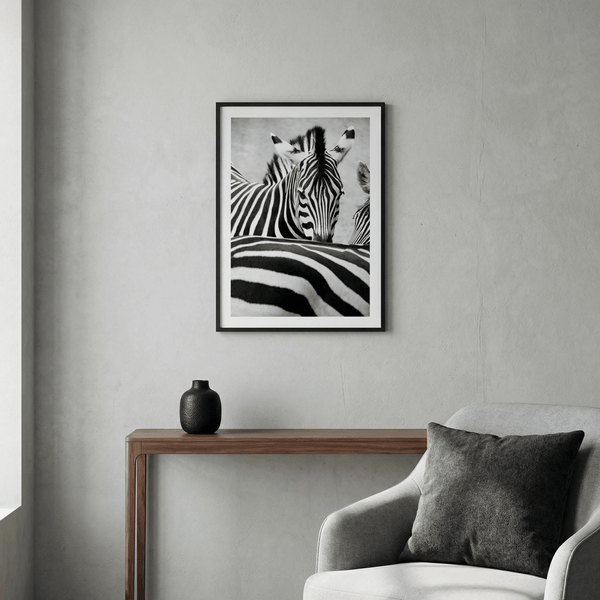 Zebra Black White Wall Art featuring a zebra face and sweeping stripe band