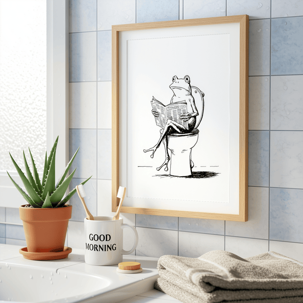 Cartoon Frog Wall Art poster with frog character reading a newspaper on a toilet