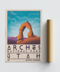 Stylized Arches National Park wall art poster with Blue sky and Orange rock forms