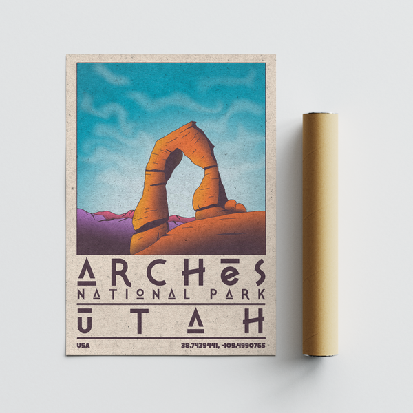 Stylized Arches National Park wall art poster with Blue sky and Orange rock forms