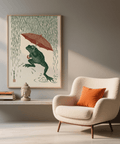 Frog in Rain Art Print, unique wall art in green, red, and white for nursery