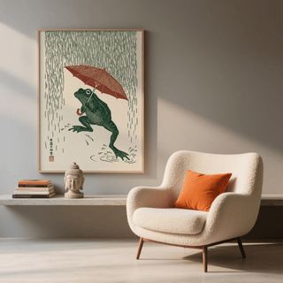 Frog in Rain Art Print, unique wall art in green, red, and white for nursery