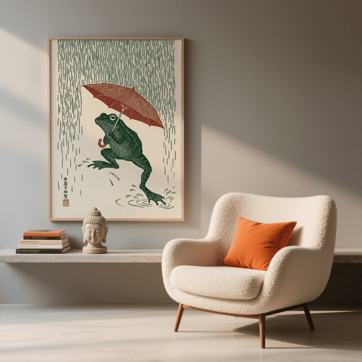 Frog in Rain Art Print, unique wall art in green, red, and white for nursery