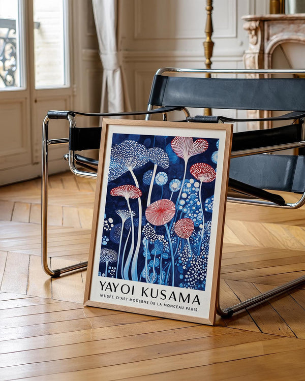 Abstract mushroom art print with surreal stems and dotted caps.