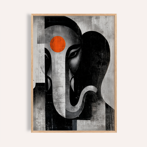 Framed view of Abstract Ganesh Wall Art poster showing stylized elephant head and long curved trunk
