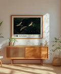 Minimalist wall art featuring elegant cranes in flight with Kusama-style dots.