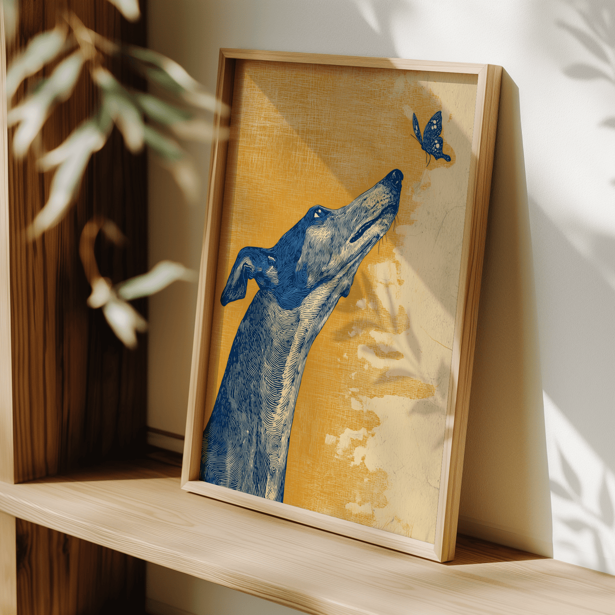 Greyhound Wall Art illustration in Yellow Blue Beige for study