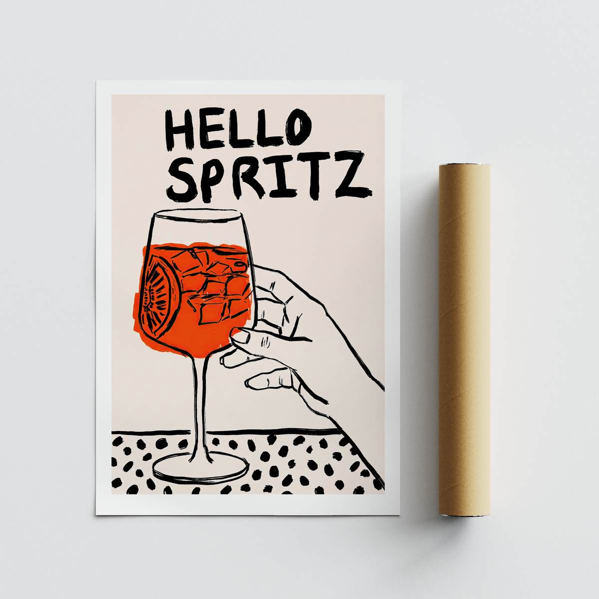 Minimal bar print featuring HELLO SPRITZ lettering above a sketched hand and cocktail glass