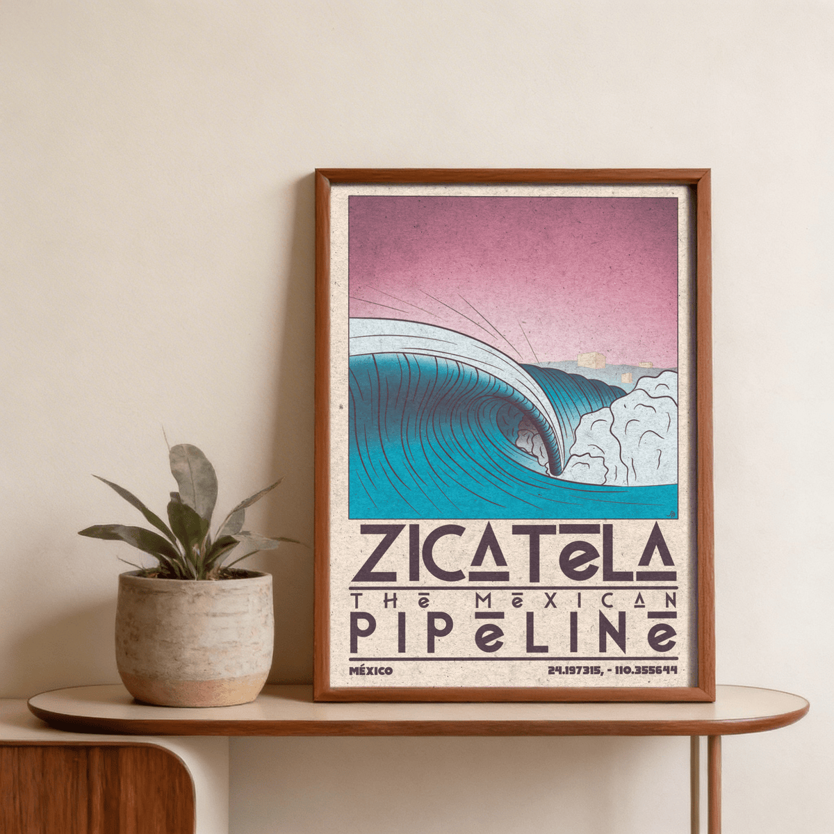 Highlighting vintage-style beach poster print reading “The Mexican Pipeline” under Zicatela