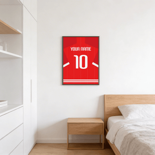 Minimal football shirt print showing vertical pinstripes, number 10, and YOUR NAME lettering