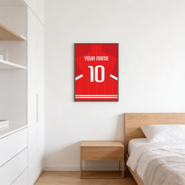 Minimal football shirt print showing vertical pinstripes, number 10, and YOUR NAME lettering