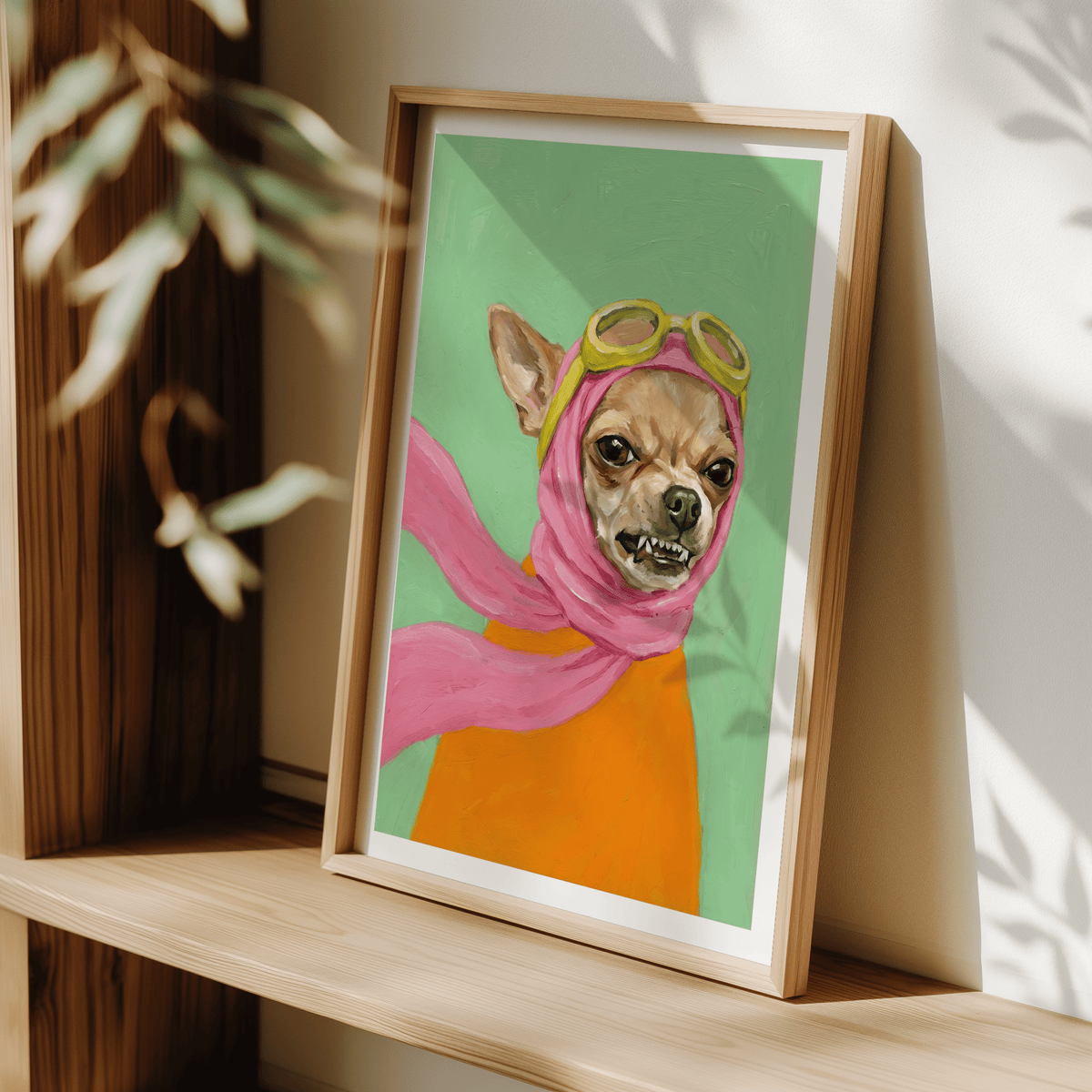 Funny Dog Art poster for eclectic living room in Pink and Orange
