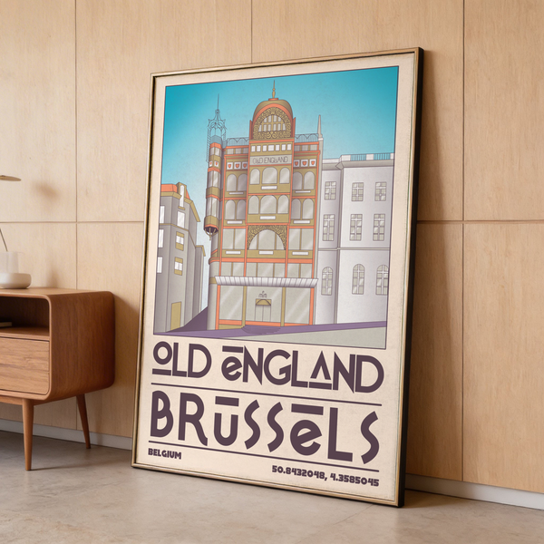 Close-up Brussels Architecture Print showing decorative panels, stacked arches, and linework facade