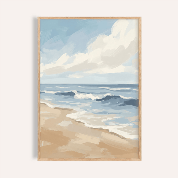 Seascape Poster with Blue, Beige, and White for living room wall art