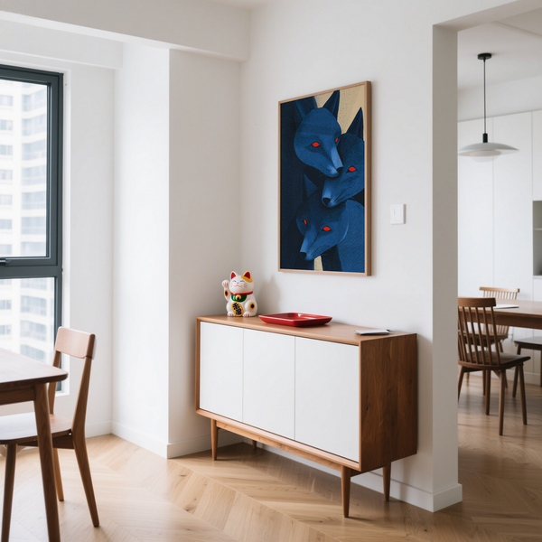 Etched fur detail on fox heads wall art print with strong diagonal composition