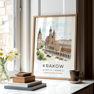 Detailed travel poster print of Krakow with historic buildings and horse-drawn carriages