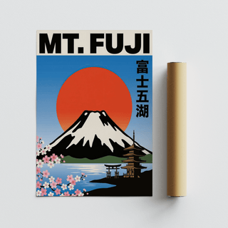 Mt Fuji Wall Art showcasing Orange and Green hues, art print for study