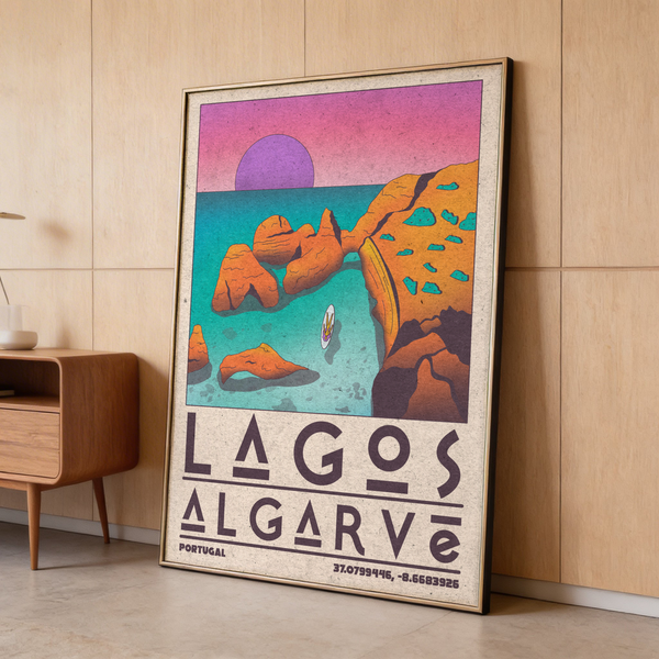 Framed mockup of Lagos Algarve Wall Art hanging above a console