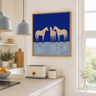 Minimal horse poster print showing three speckled horses on a flat background with reflections